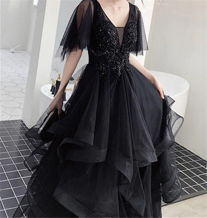 omberprom Charming Prom Dress V Neck Long Formal Dresses Black Layers Long Evening Dresses Wholesale