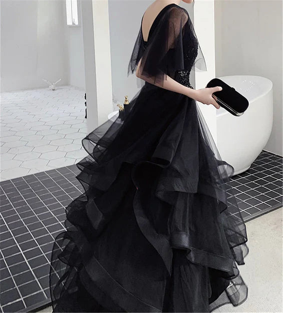 omberprom Charming Prom Dress V Neck Long Formal Dresses Black Layers Long Evening Dresses Wholesale