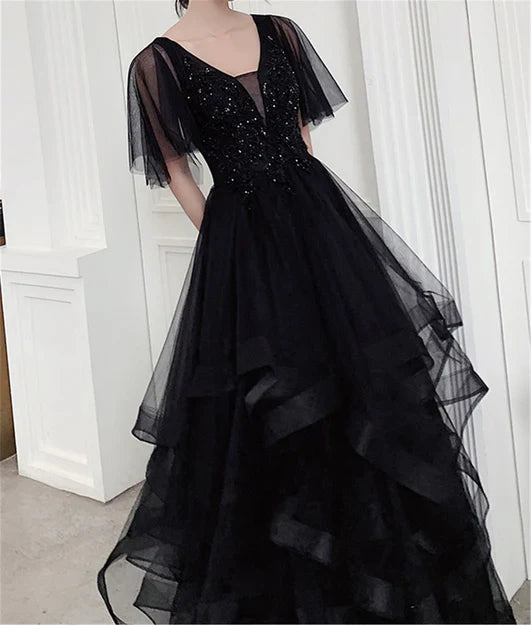 omberprom Charming Prom Dress V Neck Long Formal Dresses Black Layers Long Evening Dresses Wholesale
