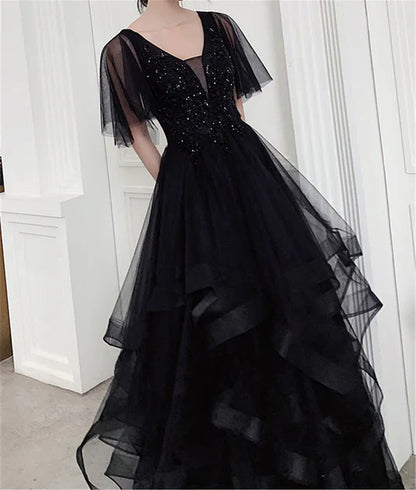omberprom Charming Prom Dress V Neck Long Formal Dresses Black Layers Long Evening Dresses Wholesale