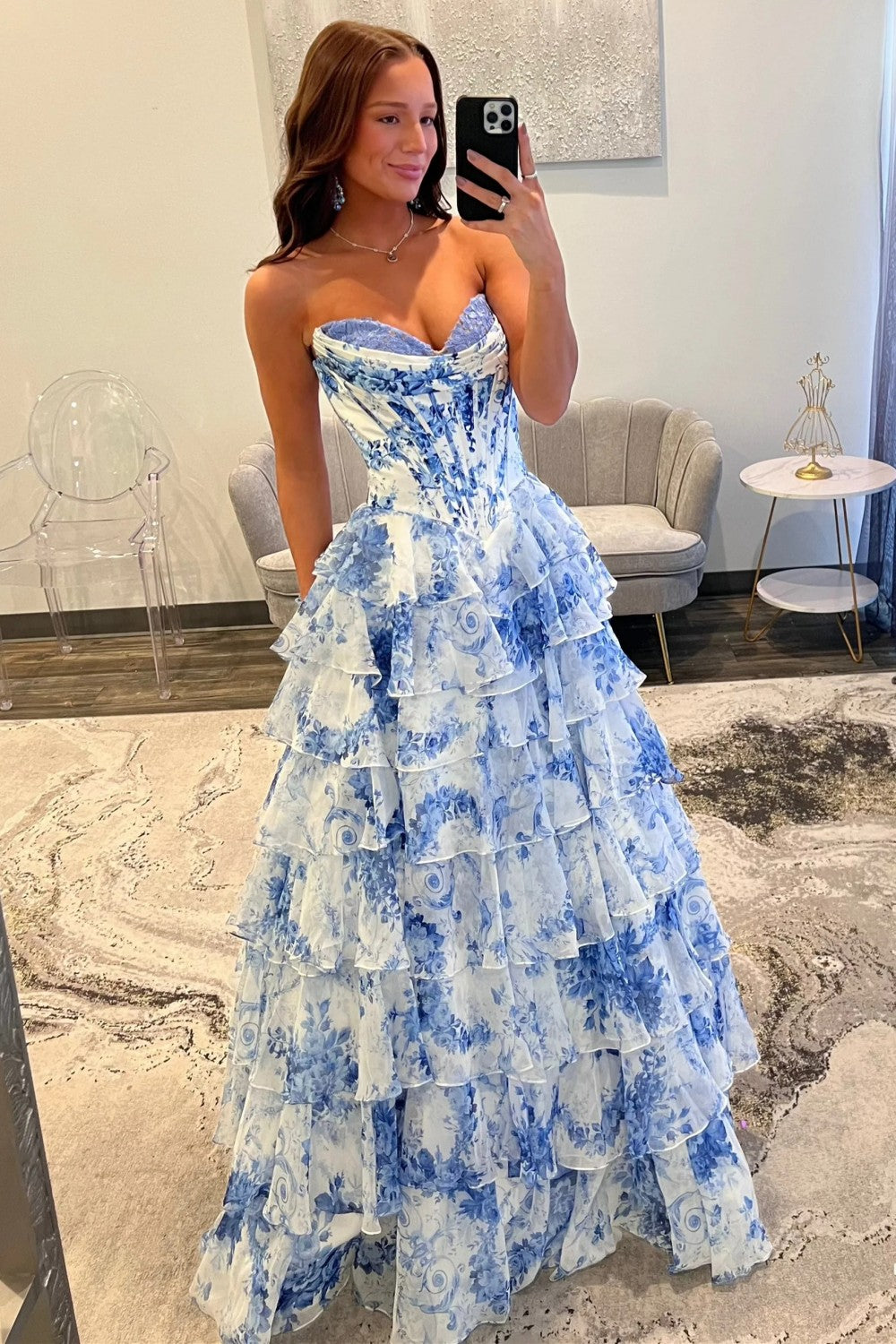 Fairytale Pink Floral Corset Sweetheart Prom Dress with Tiered Skirt And Slit