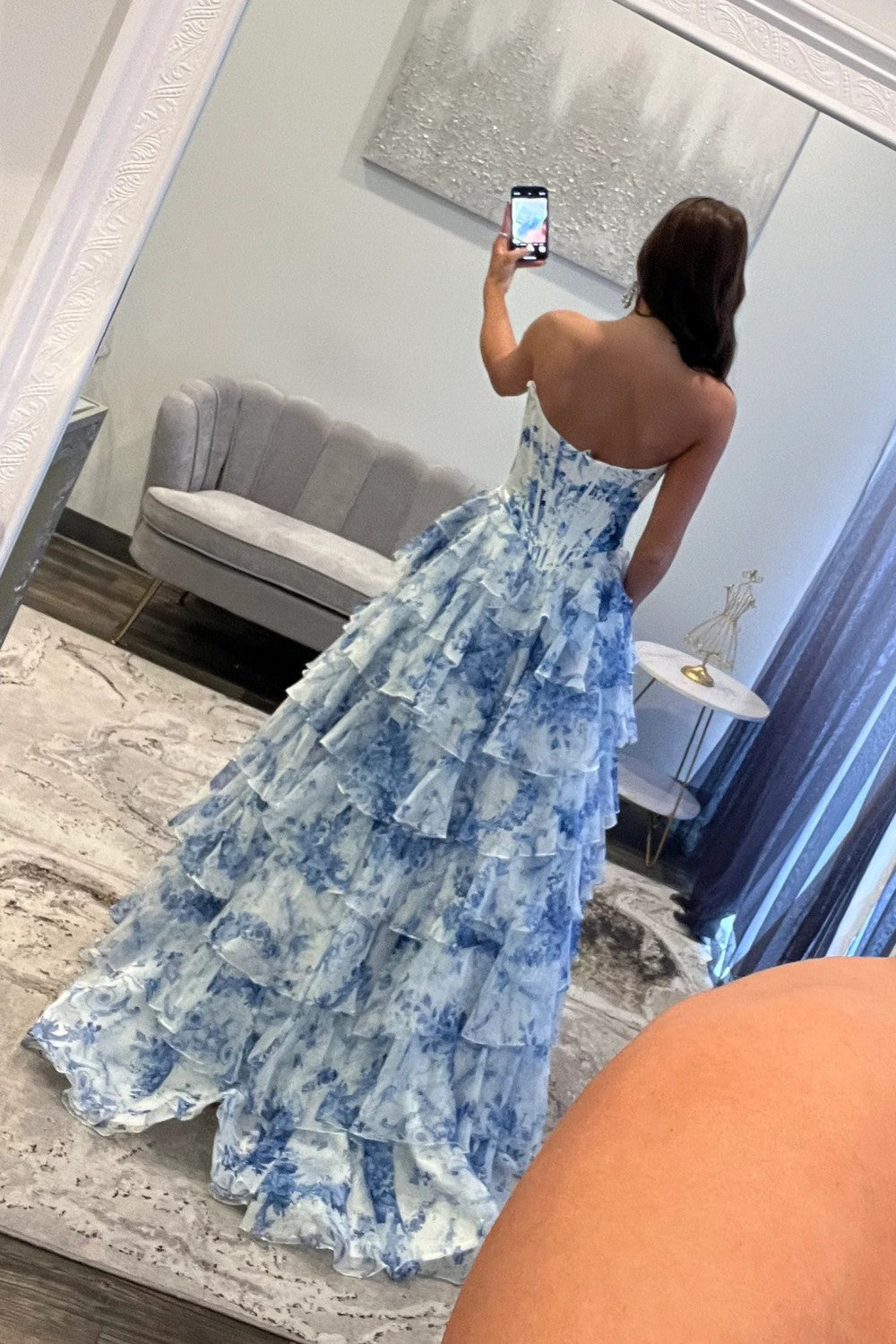 Fairytale Pink Floral Corset Sweetheart Prom Dress with Tiered Skirt And Slit