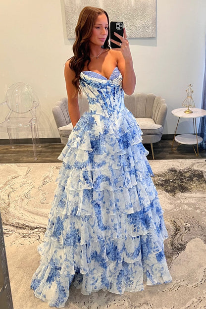 Fairytale Pink Floral Corset Sweetheart Prom Dress with Tiered Skirt And Slit