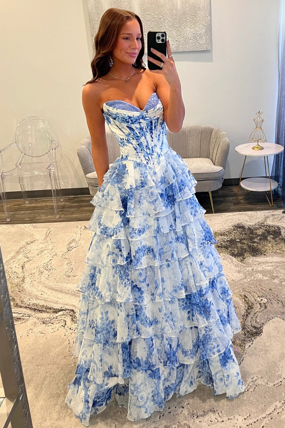 Fairytale Pink Floral Corset Sweetheart Prom Dress with Tiered Skirt And Slit