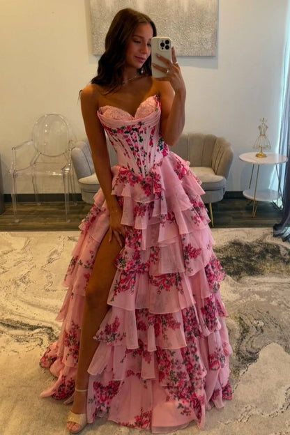 Fairytale Pink Floral Corset Sweetheart Prom Dress with Tiered Skirt And Slit