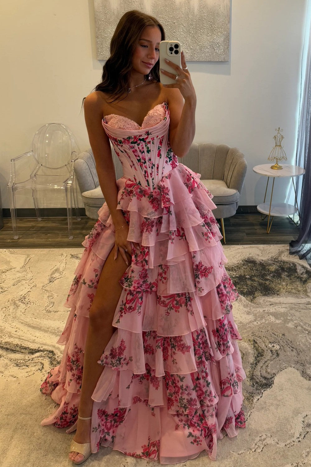 Charming Blue Floral Sweetheart Corset Prom Dress with Layered Ruffle Skirt