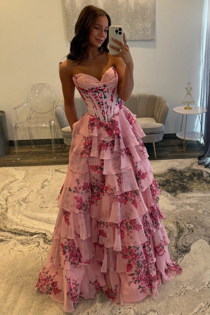 Fairytale Pink Floral Corset Sweetheart Prom Dress with Tiered Skirt And Slit