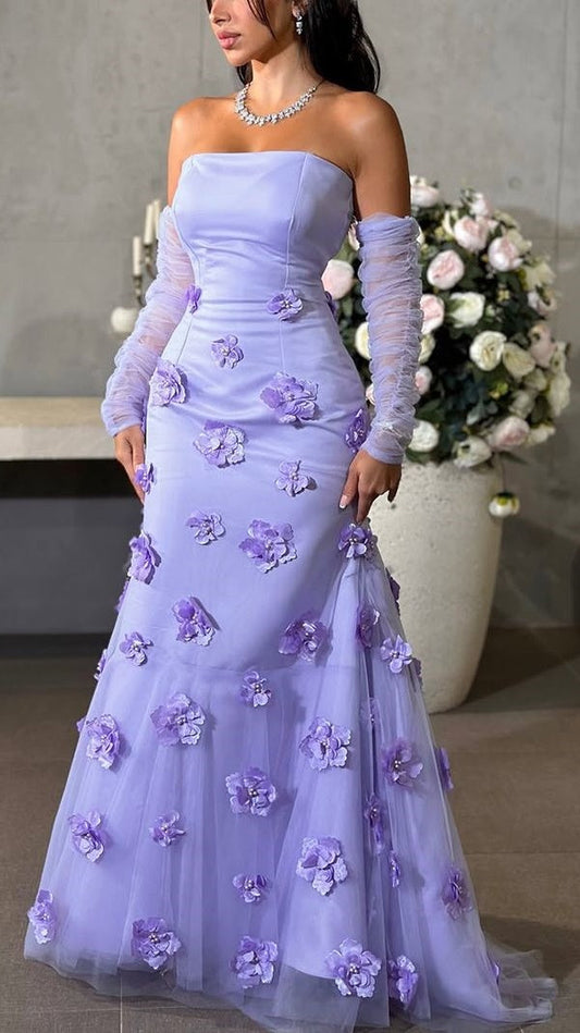Charming Floral Strapless Prom Dresses Lilac Mermaid Party Evening Dress,AST2187