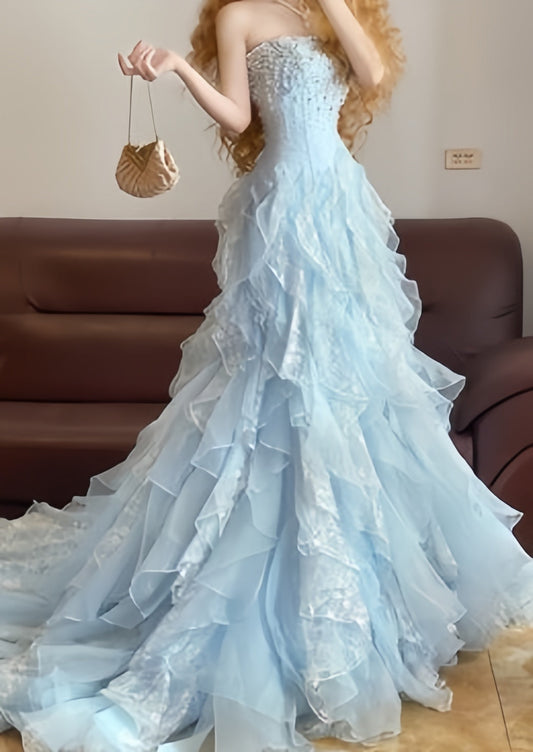 Charming Light Blue Ruffle Lace Prom Dresses Beaded Sleeveless Evening Party Dress,AST2139