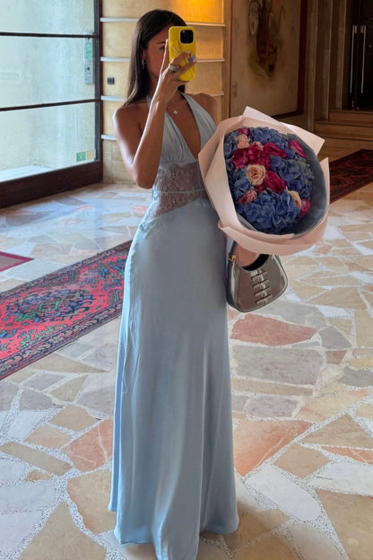 Charming Mermaid Deep V Neck Light Blue Long Prom Dress with Lace