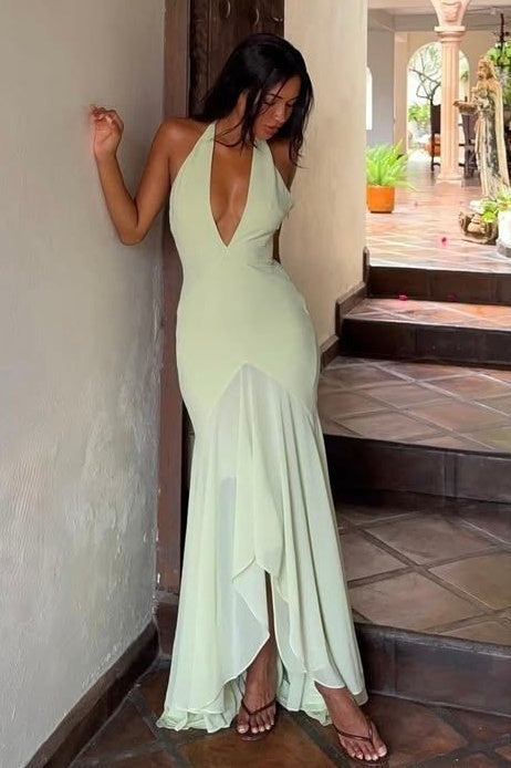 Charming Mermaid Halter Neck Light Green Long Prom Dress with Ruffles