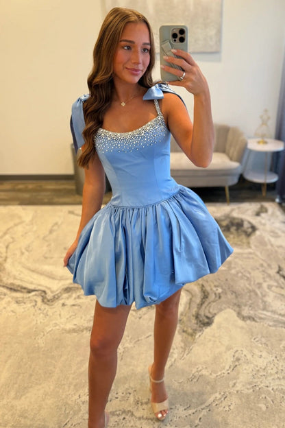 Charming A-Line Beaded Top Short Satin Homecoming Dress with Bowknots