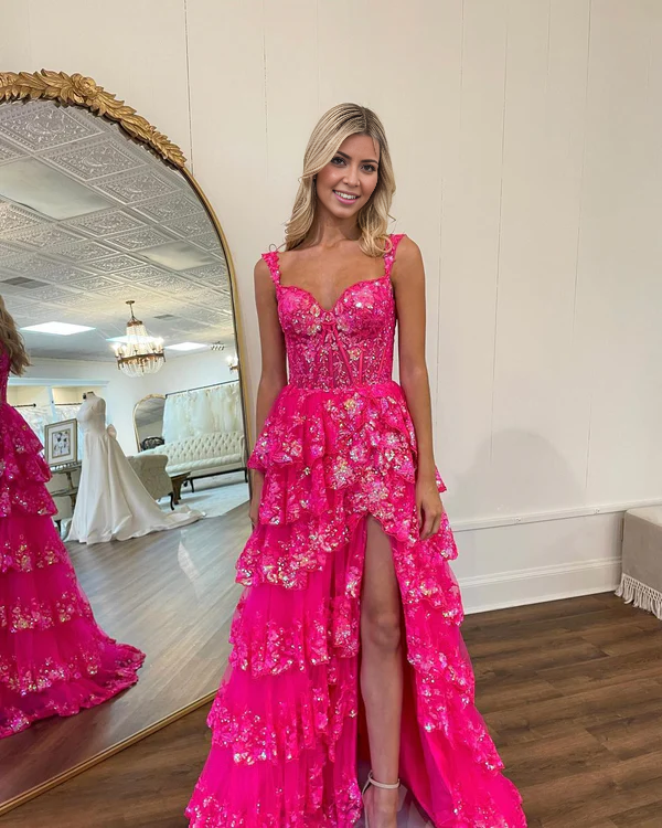 omberprom Charming A-Line Long Prom Dress Lace Tiered Charming Evening Dress with Slit