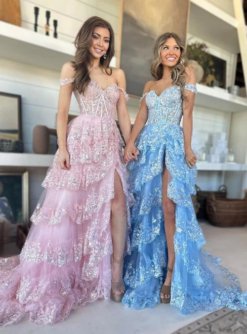 omberprom Charming A-Line Long Prom Dress Lace Tiered Charming Evening Dress with Slit