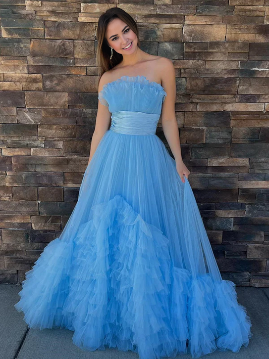 omberprom Charming A-Line Strapless Sleeveless Evening Dress Tiered Tulle Long Prom Dress