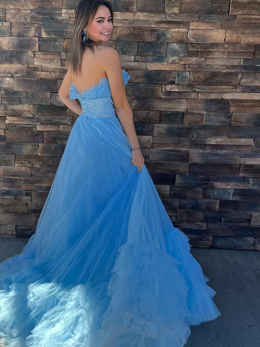 omberprom Charming A-Line Strapless Sleeveless Evening Dress Tiered Tulle Long Prom Dress