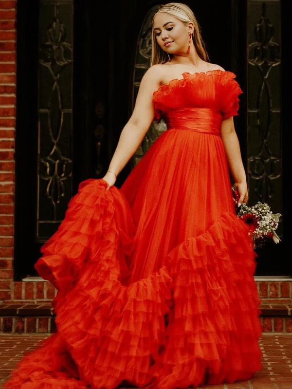 omberprom Charming A-Line Strapless Sleeveless Evening Dress Tiered Tulle Long Prom Dress