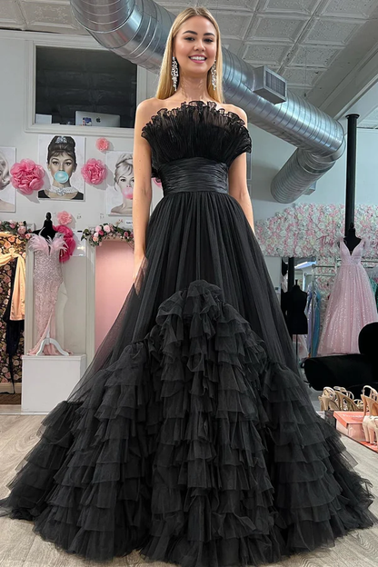 omberprom Charming A-Line Strapless Sleeveless Evening Dress Tiered Tulle Long Prom Dress