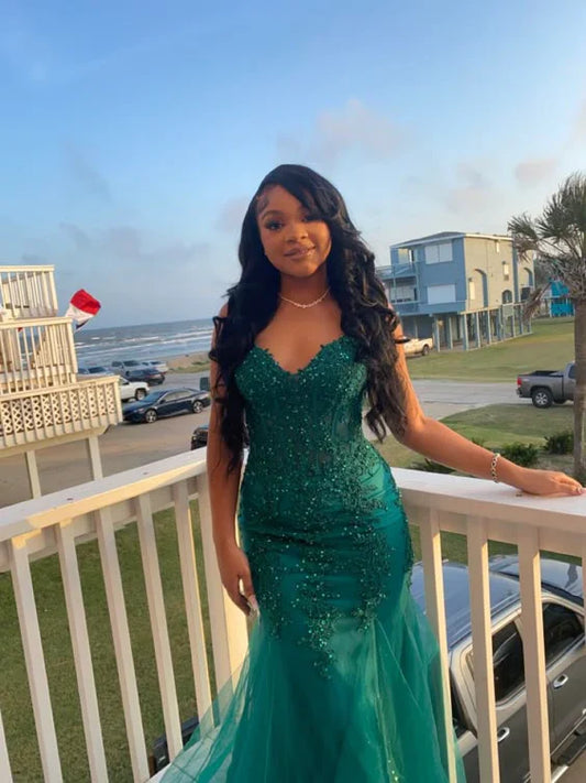 omberprom Charming Formal Women's Dresses Mermaid Tulle Long Prom Dress with Appliques Evening Gown