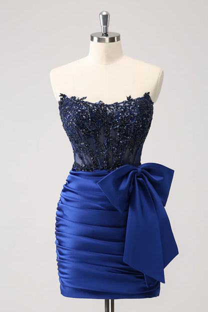 omberprom Charming Homecoming Dress Peacock Tight Strapless Corset Pleated Beaded Short Prom Dress with Bowknot