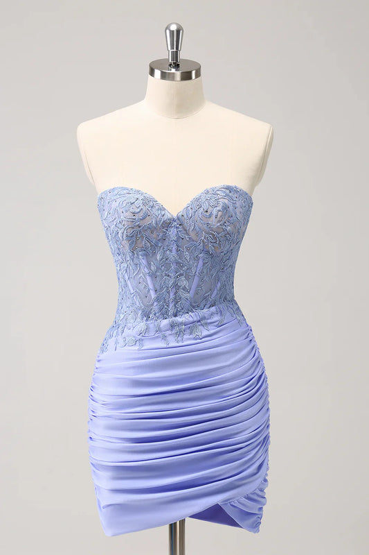 omberprom Charming Homecoming Dress Tight Sweetheart Pleated Short Prom Dress with Appliques
