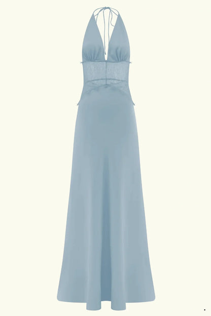Charming Mermaid Deep V Neck Light Blue Long Prom Dress with Lace