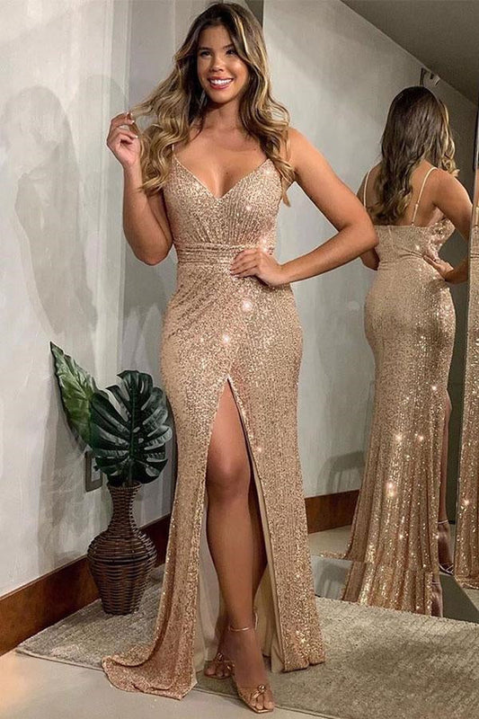 omberprom Charming Spaghetti Strap Sequin Long Prom Dress With Slit V-neck Sparkly Sexy Evening Party Dress