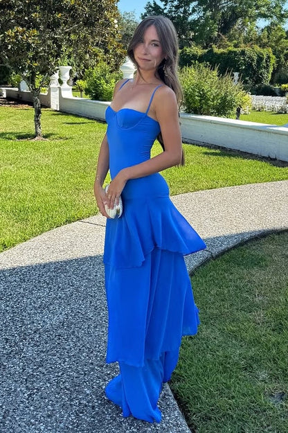 Charming  Spaghetti Straps Yellow Long Prom Dress with Ruffles