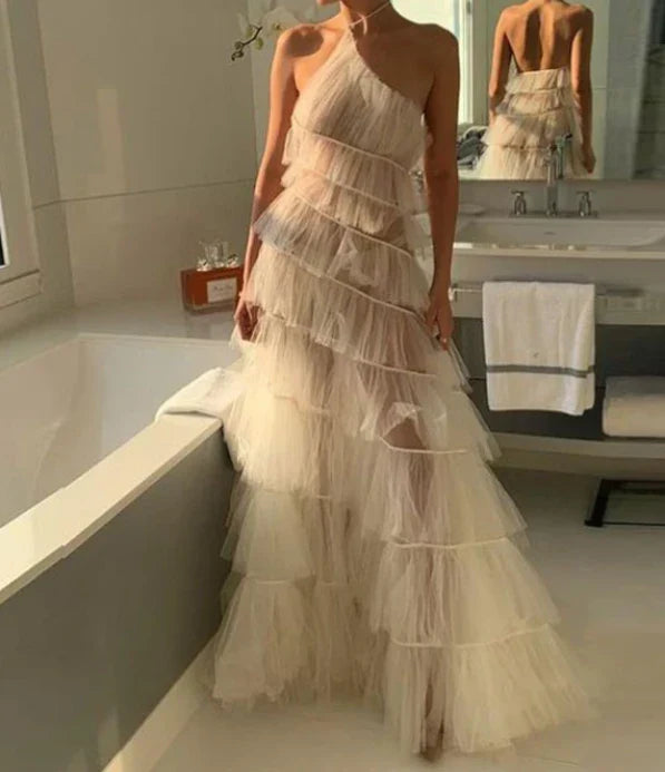PM436,Sexy Halter White Layers Long Prom Evening Dresses,Puffy See Through Evening Gown