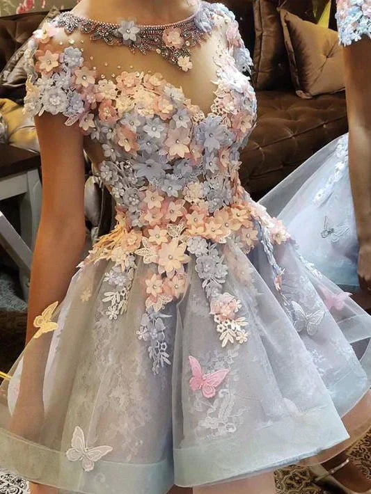 Chic 3D Floral Short-sleeve Design Tulle A-line Mini Homecoming Dress TP3607
