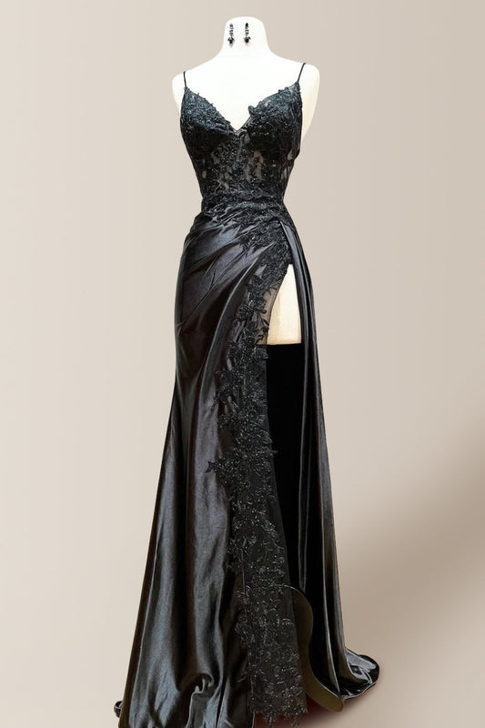 Chic Black Mermaid Spaghetti Straps Lace Up Satin Prom Dress with Appliques