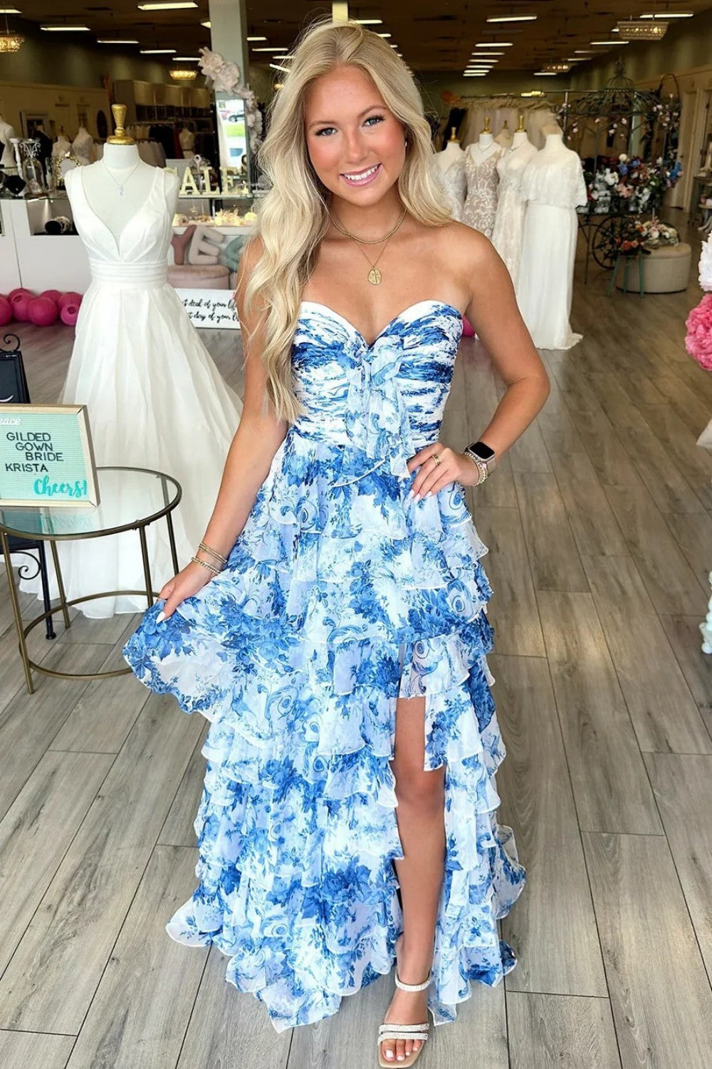 Chic Blue Floral Sweetheart Long Ruffled Chiffon Prom Dress With Slit