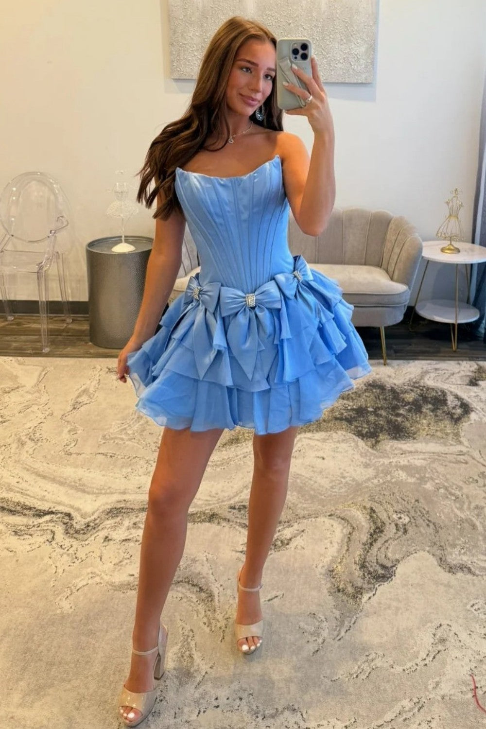 Strapless Ruffle Tiered Homecoming Dress with Satin Bows and Rhinestone Accents