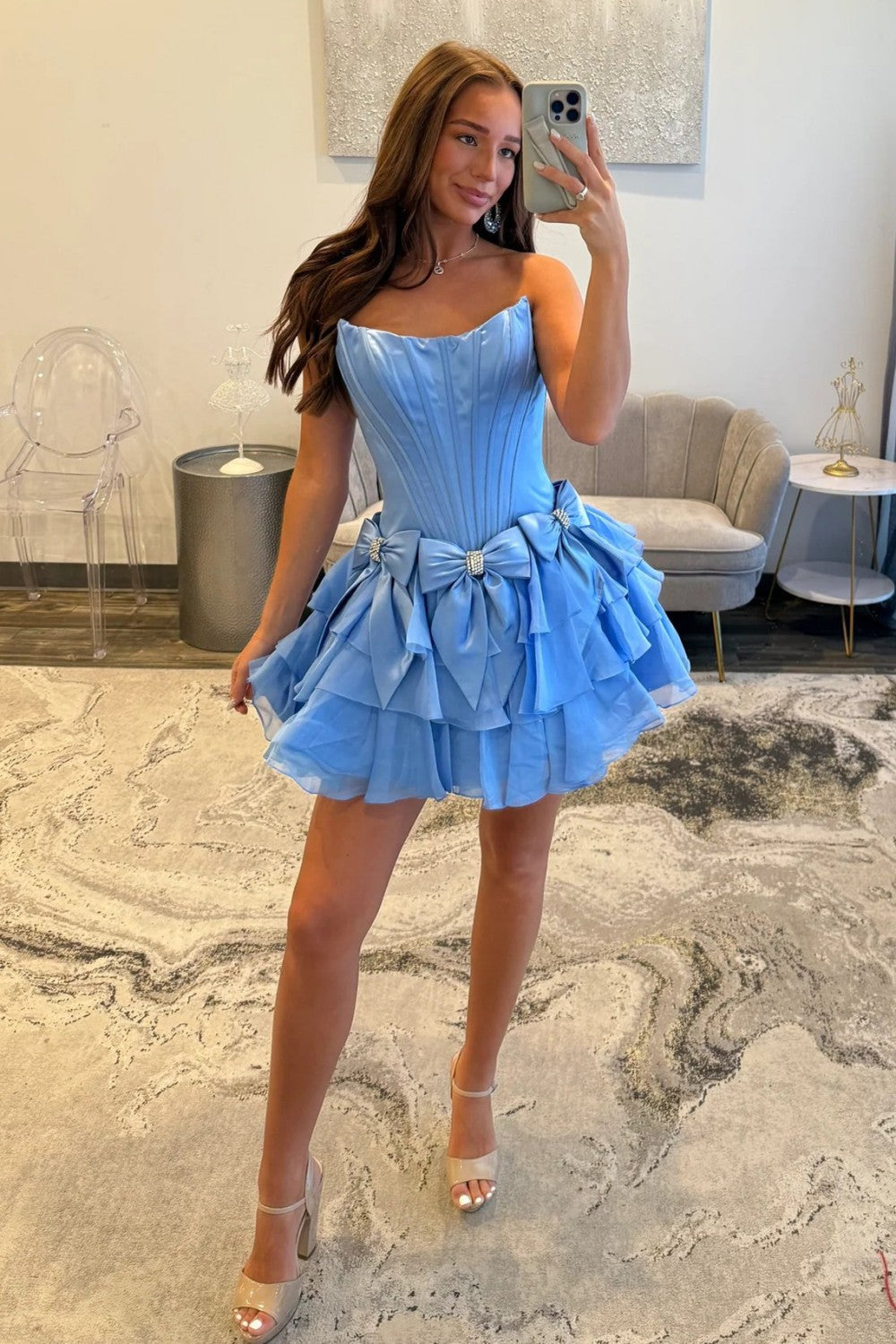 Strapless Ruffle Tiered Homecoming Dress with Satin Bows and Rhinestone Accents