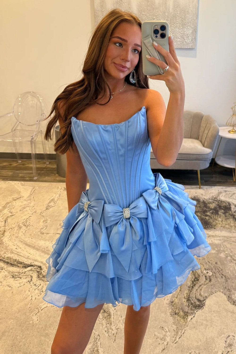 Strapless Ruffle Tiered Homecoming Dress with Satin Bows and Rhinestone Accents