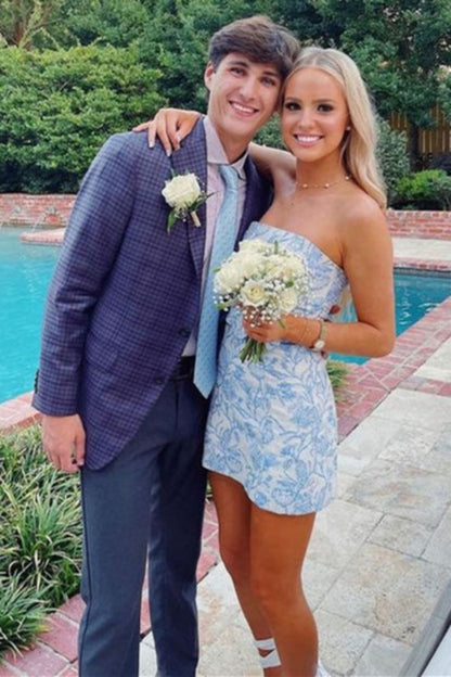 Trendy Light Blue Strapless Short Homecoming Dress in Sheath Style