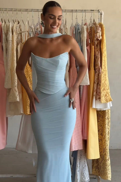Chic Mermaid Strapless Light Blue Long Party Dress with Scarf