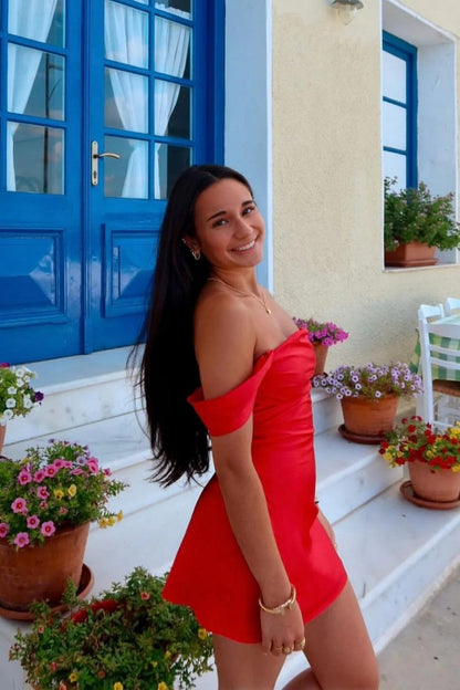 Chic Off-Shoulder Coral Pink Bodycon Short Satin Homecoming Dress
