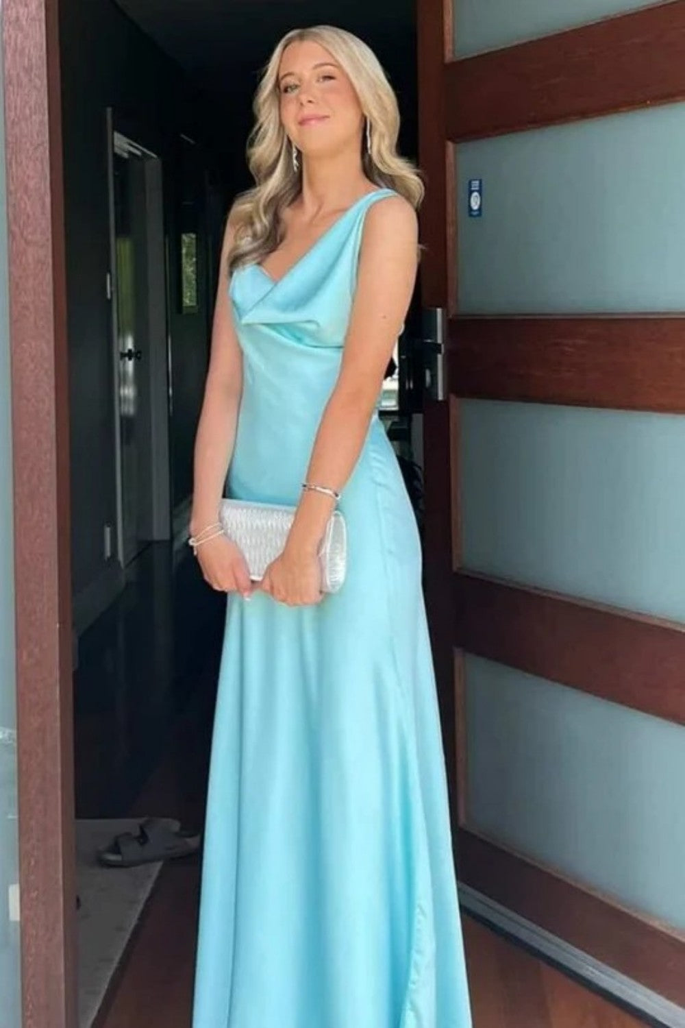 Chic One Shoulder Blue Prom Gown with Draped Neckline Timeless Evening Style