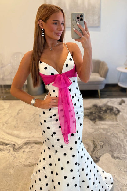 Chic Polka Dot Spaghetti Straps Mermaid Prom Dress with Hot Pink Bow