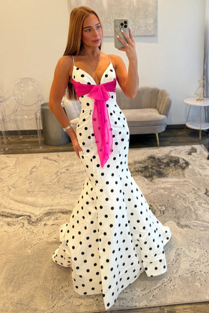 Chic Polka Dot Spaghetti Straps Mermaid Prom Dress with Hot Pink Bow