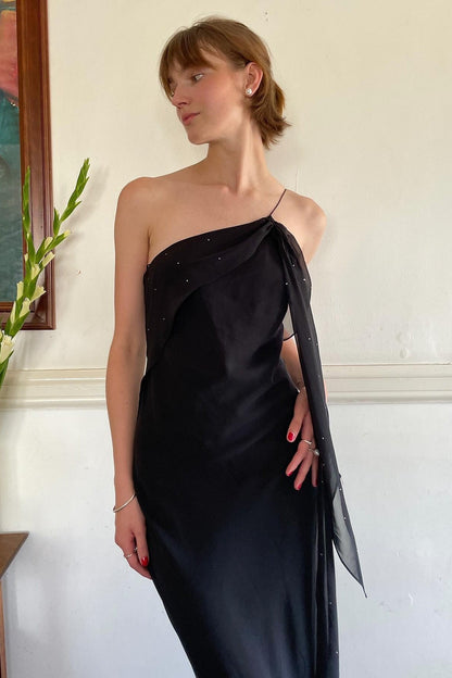 Chic Sheath One Shoulder Black Floor Length Party Dress with Ruffles