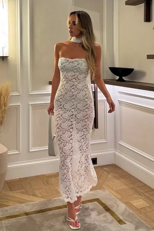Chic Sheath Strapless White Lace Tea Length Party Dress