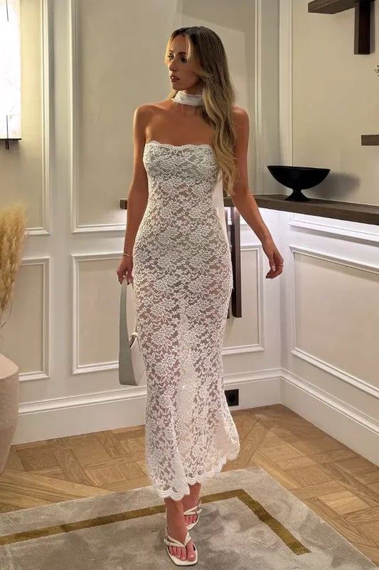 Chic Sheath Strapless White Lace Tea Length Party Dress