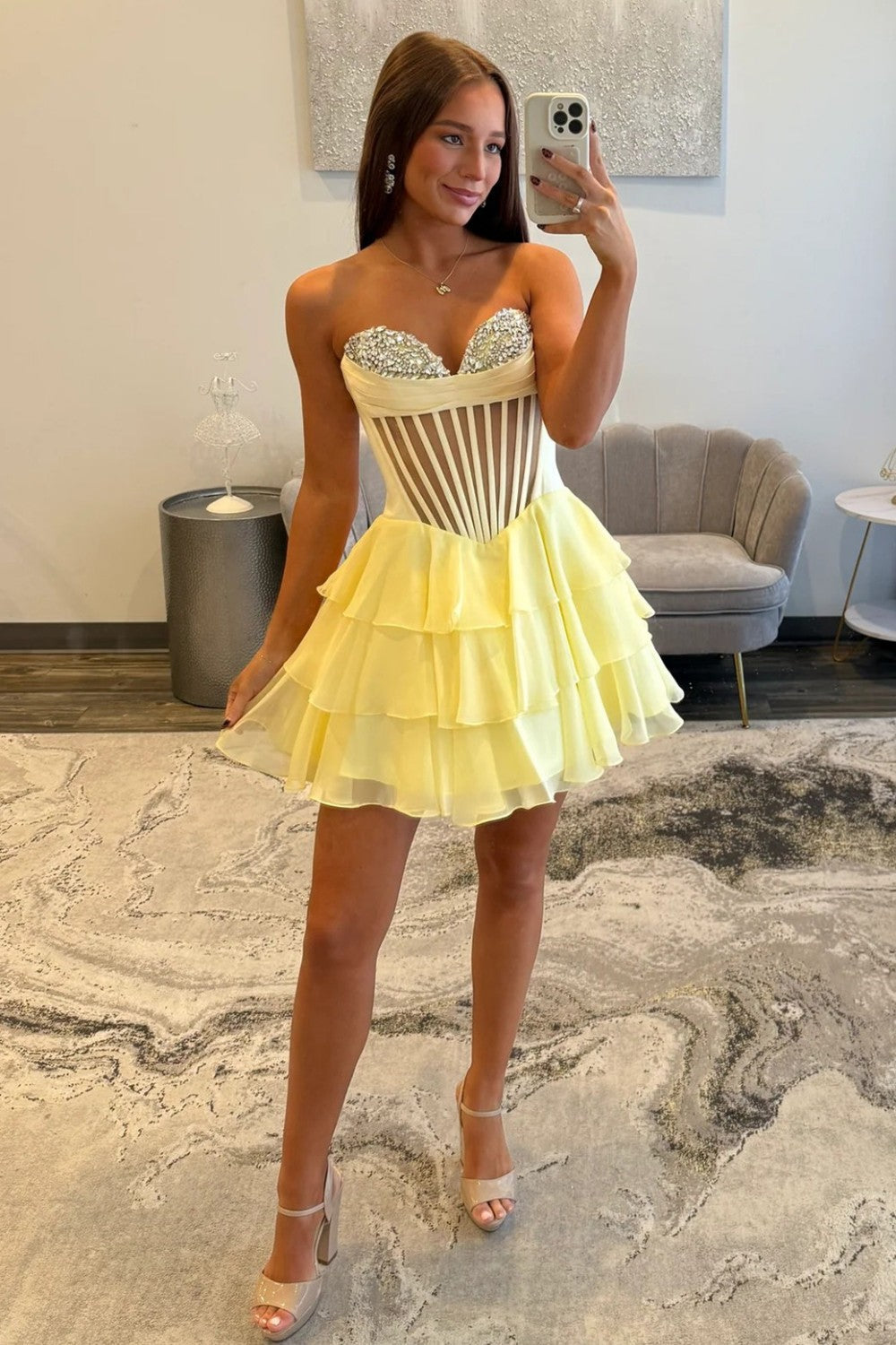 Chic Yellow Corset Bodice Ruffled Tulle Homecoming Dress with Sparkling Details