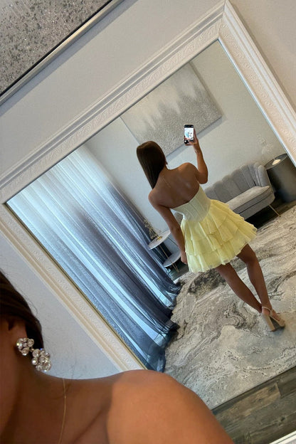Chic Yellow Corset Bodice Ruffled Tulle Homecoming Dress with Sparkling Details