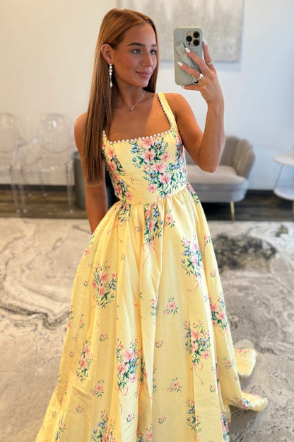 Chic Yellow Floral Square Pearls Trim Neck Prom Dress With Open Back
