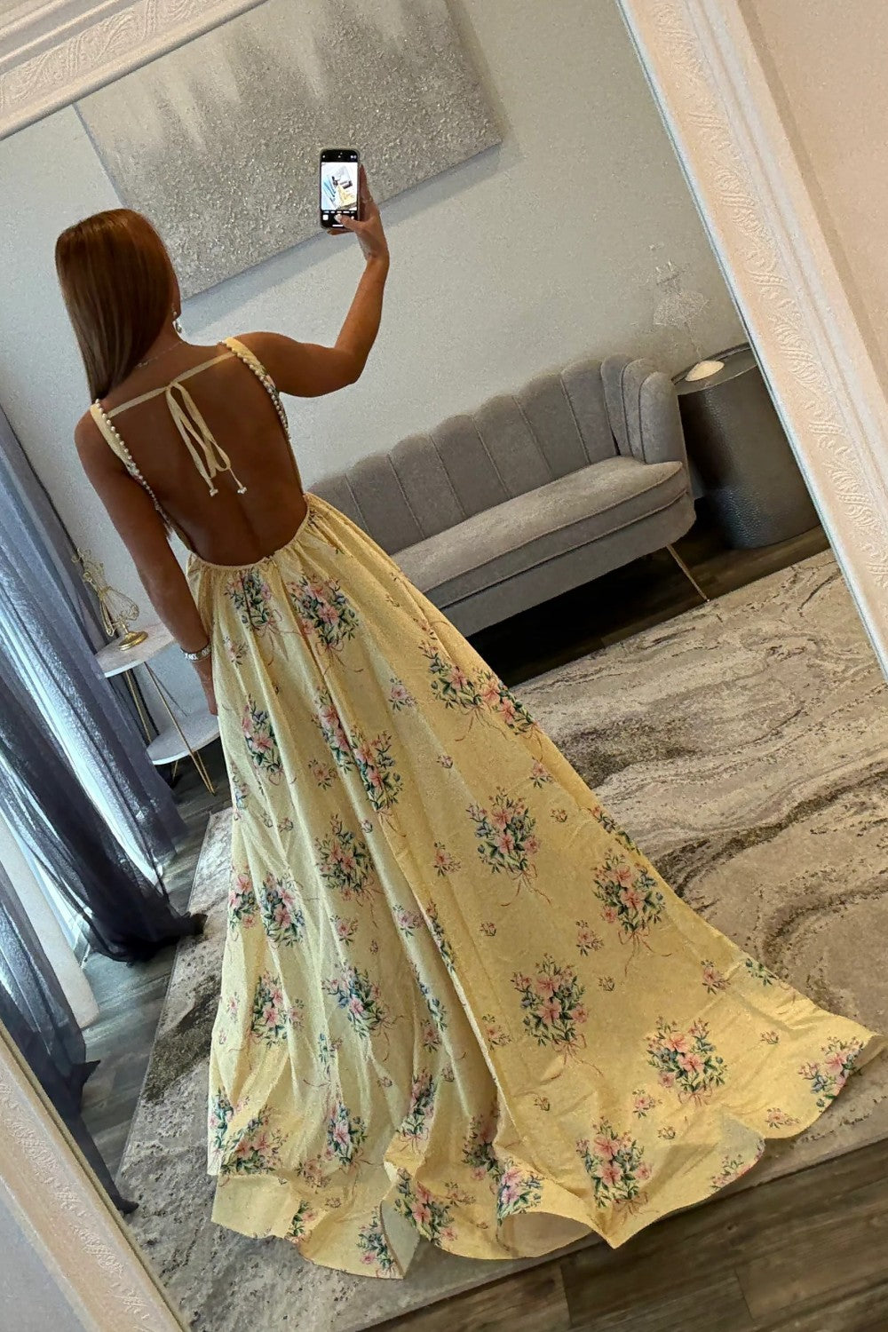 Chic Yellow Floral Square Pearls Trim Neck Prom Dress With Open Back
