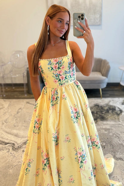 Chic Yellow Floral Square Pearls Trim Neck Prom Dress With Open Back