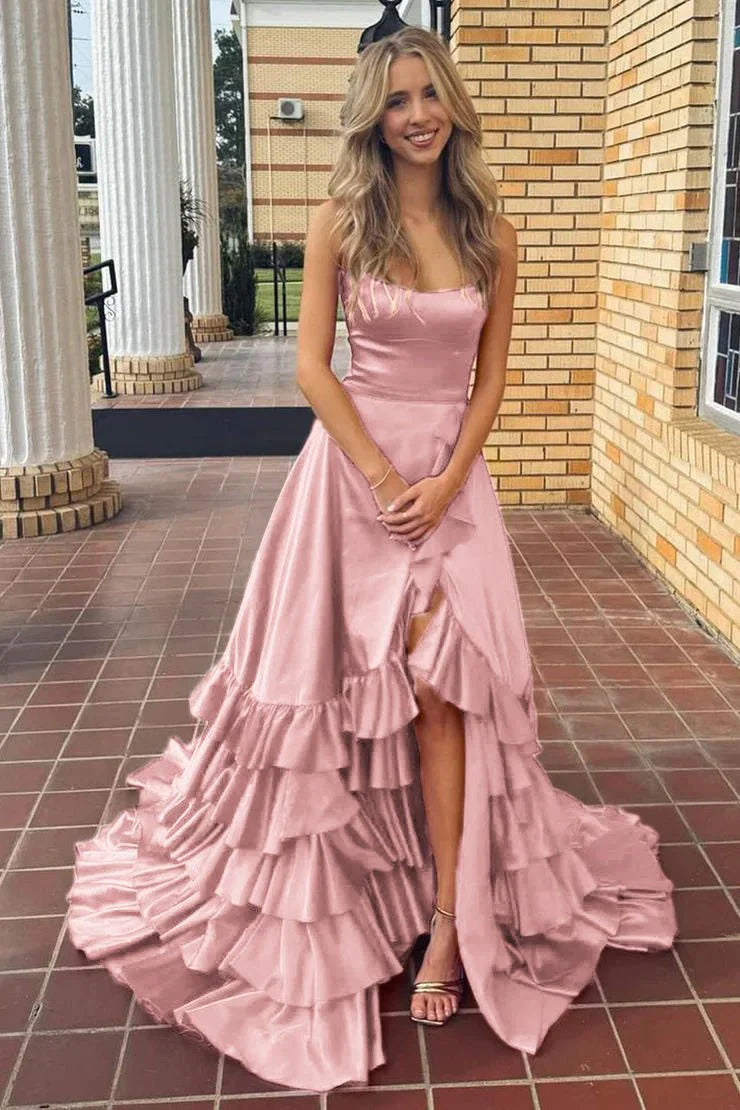 Chic A-line Ruffle Prom Dresses Long Birthday Party Dress With Slit,AST2085